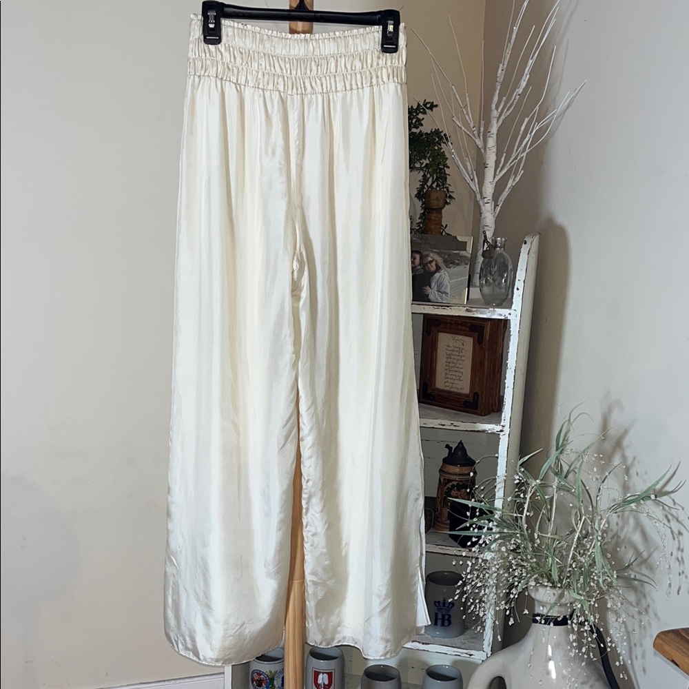 Elegant Cream Silk Wide Leg Pants